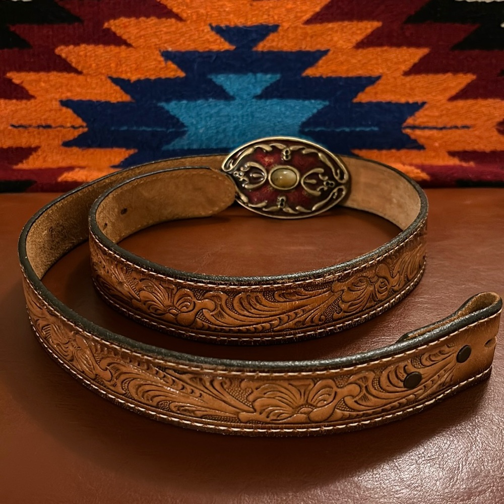 Vintage hand-tooled Tony Lama leather belt and vintage buckle